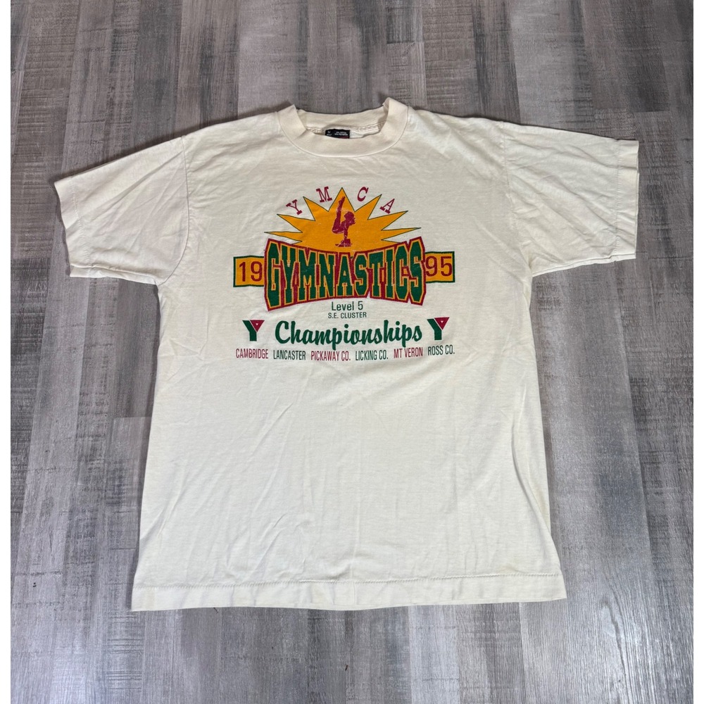 Vintage 1995 YMCA Gymnastics T-Shirt Mens Medium White 90s Thin